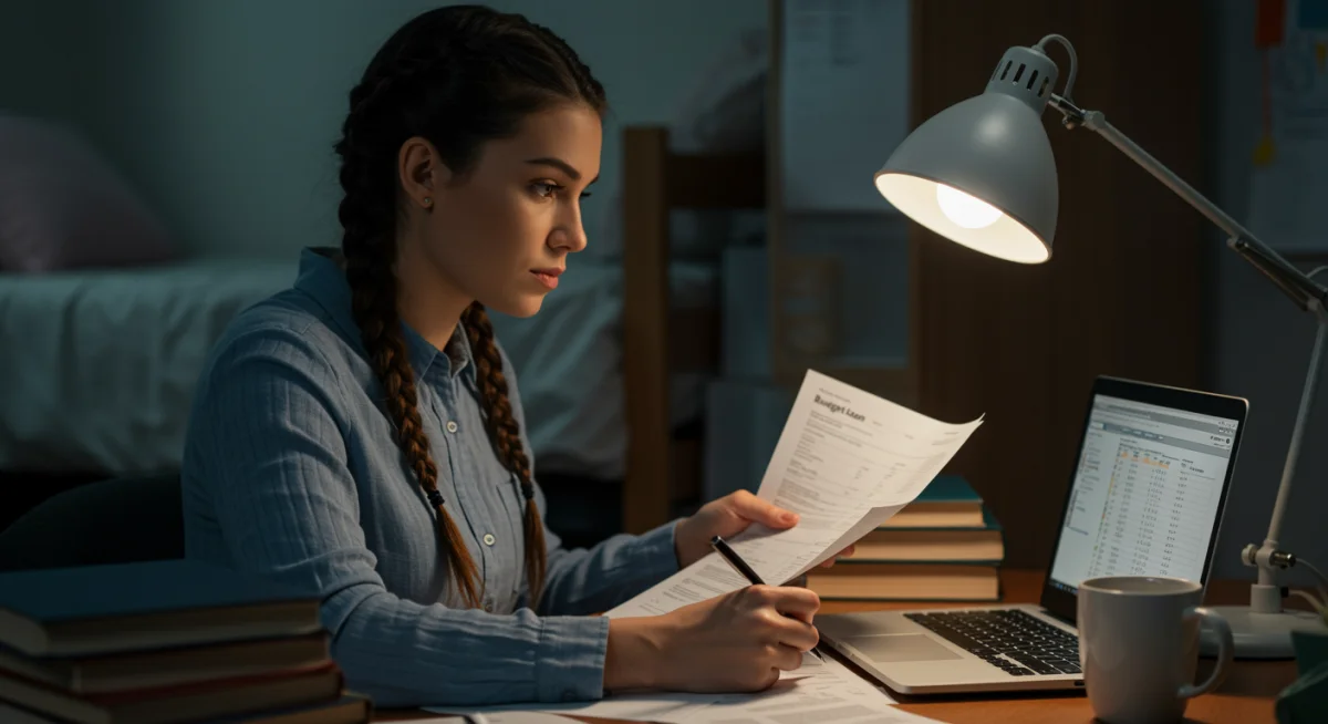 Student reviewing financial aid offers and budget to minimize loan debt.