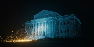 Digital representation of transparent government building with data streams