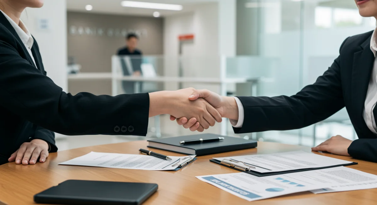 Handshake between consumer and bank representative over financial documents, symbolizing new lending agreements amidst regulatory changes.