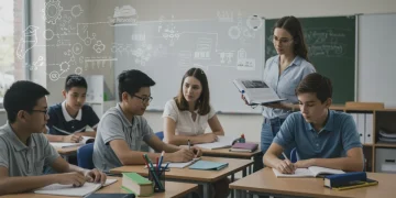 Students and teachers in a modern classroom, symbolizing K-12 education reform policies.