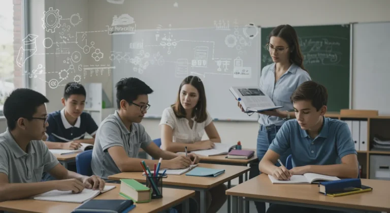 Students and teachers in a modern classroom, symbolizing K-12 education reform policies.