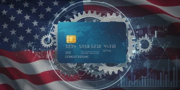 Digital illustration of credit card, gears, and financial graphs signifying new US banking regulations and their impact on consumer credit.