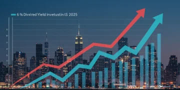 Financial charts showing upward trends with a US cityscape, symbolizing growth in REITs and potential 6% dividend yield.