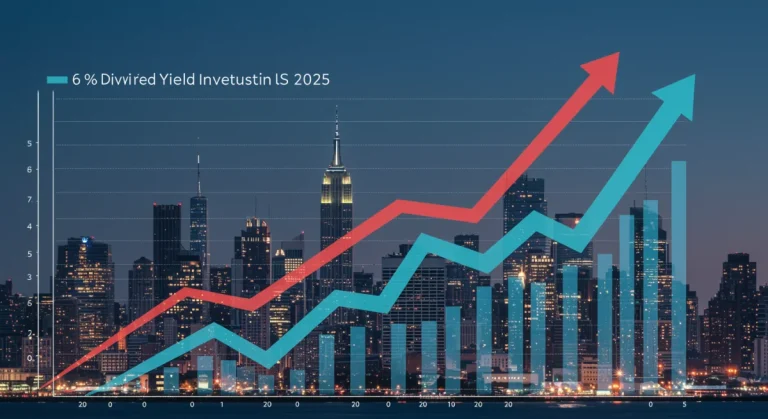 Financial charts showing upward trends with a US cityscape, symbolizing growth in REITs and potential 6% dividend yield.