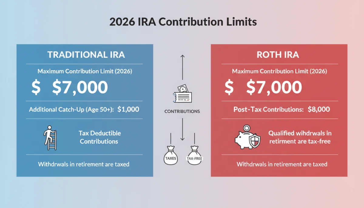 Comparison graphic of 2026 traditional and Roth IRA contribution limits