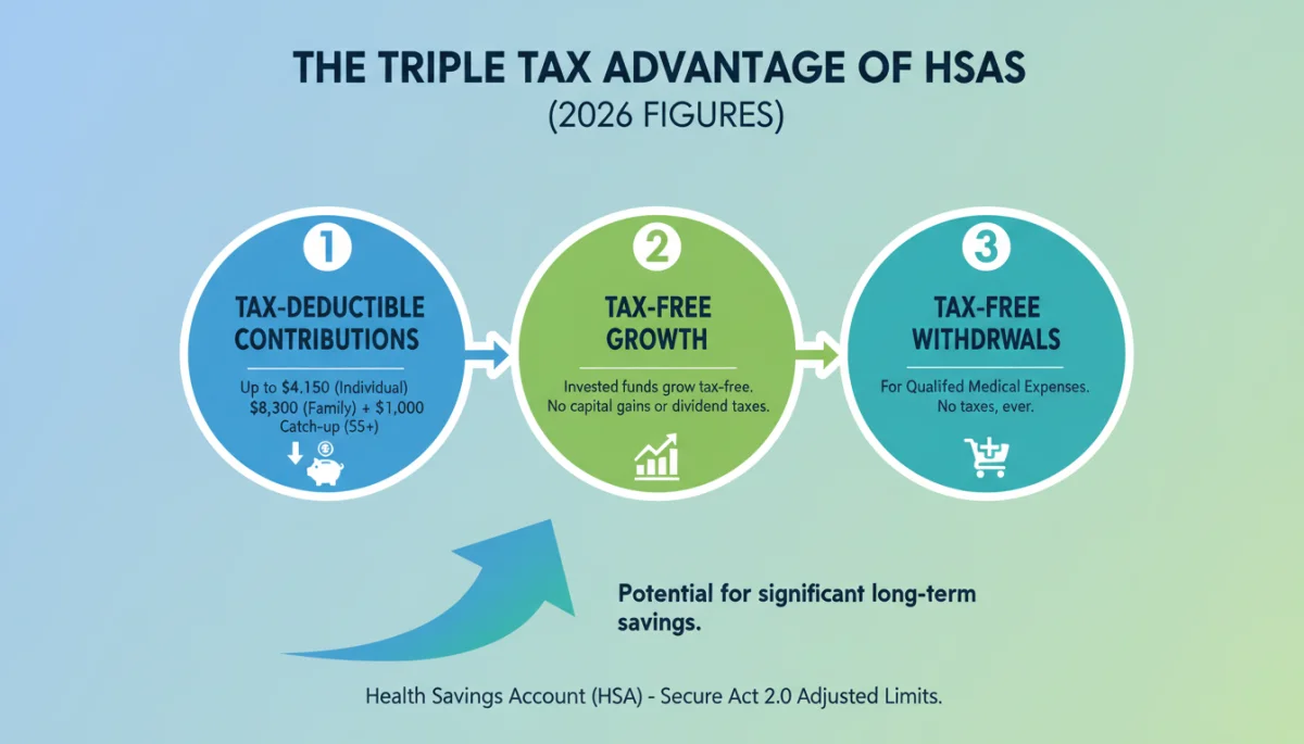Infographic detailing triple tax advantage of HSA in 2026
